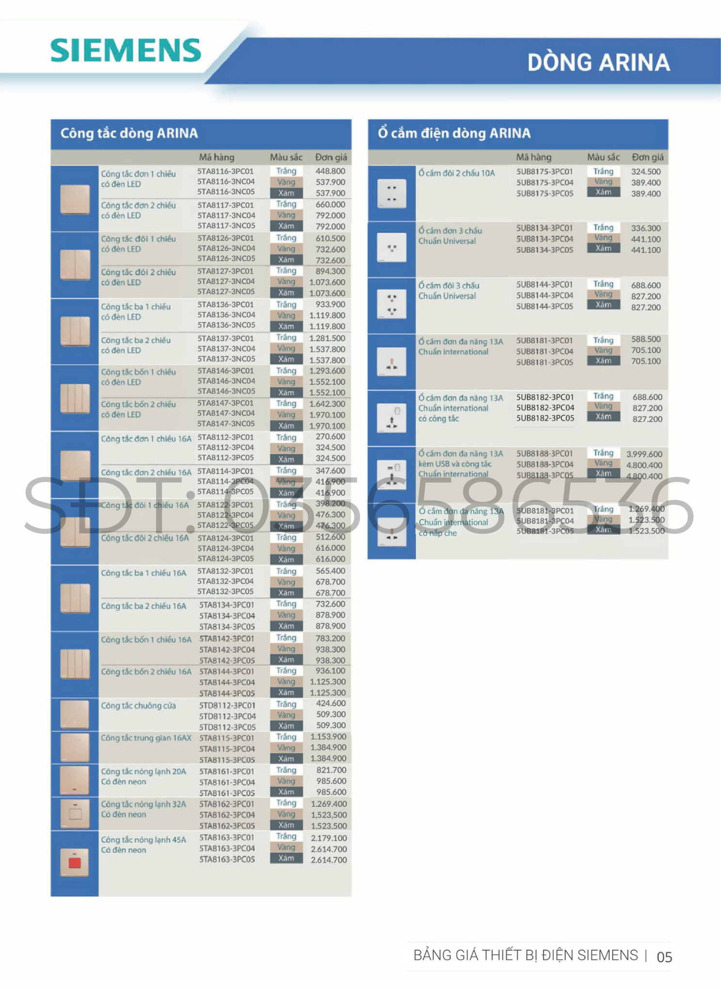 Bảng Giá Công Tắc Ổ Cắm Siemens 2025